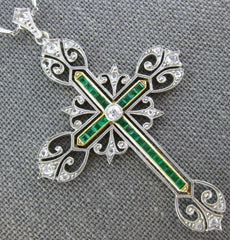 ANTIQUE LARGE 1.5CT ROSE CUT &OLD MINE DIAMOND & EMERALD 14K WHITE GOLD NECKLACE