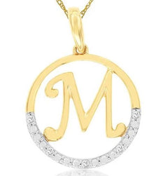 .02CT DIAMOND 14KT 2 TONE GOLD CLASSIC M INITIAL CIRCULAR FUN FLOATING PENDANT
