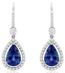 4.86CT DIAMOND & AAA TANZANITE 14KT WHITE GOLD PEAR SHAPE HALO HANGING EARRINGS