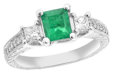 1.20CT DIAMOND & AAA EMERALD PLATINUM 3D PRINCESS & ROUND FILIGREE 3 STONE RING