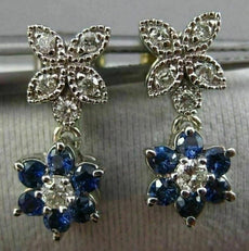 ESTATE .55CT DIAMOND & SAPPHIRE 14KT WHITE GOLD FLOWER MILGRAIN HANGING EARRINGS