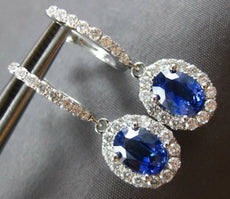 2.94CT DIAMOND & AAA CEYLON SAPPHIRE 14KT WHITE GOLD OVAL HALO HANGING EARRINGS