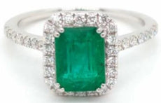 1.70CT DIAMOND & AAA EMERALD 18KT WHITE GOLD EMERALD CUT & ROUND ENGAGEMENT RING