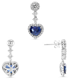 4.26CT DIAMOND & AAA SAPPHIRE 18KT WHITE GOLD HEART SHAPE & ROUND HALO EARRINGS