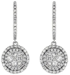 1.10CT DIAMOND 14KT WHITE GOLD ROUND CLUSTER FLOWER DOUBLE HALO HANGING EARRINGS