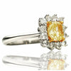 ESTATE 1.81CT WHITE & FANCY YELLOW DIAMOND 18KT 2 TONE GOLD HALO ENGAGEMENT RING
