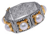 LARGE AAA PEARL 18K YELLOW GOLD & 925 SILVER 3D HANDCRAFTED CUFF BANGLE BRACELET