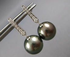 ESTATE .15CT DIAMOND & AAA TAHITIAN PEARL 14K WHITE GOLD 3D BAR HANGING EARRINGS