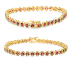 3.78CT DIAMOND & AAA RUBY 14KT YELLOW GOLD MULTI FLORAL ETERNITY TENNIS BRACELET