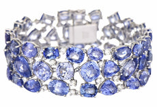 77.83CT DIAMOND & AAA MULTI COLOR SAPPHIRE 18KT WHITE GOLD CUFF BANGLE BRACELET