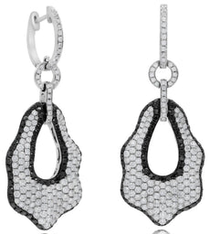 5.18CT WHITE & BLACK DIAMOND 18K WHITE GOLD 3D TEAR DROP HUGGIE HANGING EARRINGS