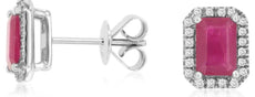 2.4CT DIAMOND & AAA RUBY 14KT WHITE GOLD 3D EMERALD CUT & ROUND STUD EARRINGS