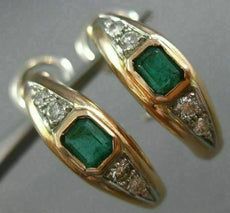 ANTIQUE WIDE 1.05CT DIAMOND & AAA EMERALD 14K WHITE & ROSE GOLD HANGING EARRINGS