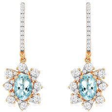 1.46CT DIAMOND & AAA AQUAMARINE 14KT ROSE GOLD OVAL & ROUND LEVERBACK EARRINGS