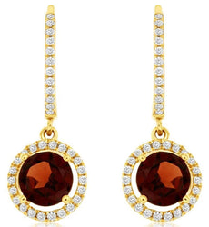 2.16CT DIAMOND & AAA GARNET 14K YELLOW GOLD 3D ROUND HALO LEVERBACK FUN EARRINGS