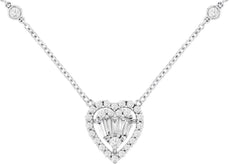 .32CT DIAMOND 14K WHITE GOLD ROUND & BAGUETTE CLUSTER DOUBLE HEART LOVE NECKLACE