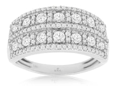 WIDE 1.0CT DIAMOND 14KT WHITE GOLD 3D ROUND CLASSIC MULTI ROW ANNIVERSARY RING