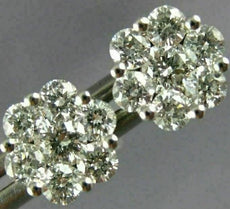 ESTATE .94CT DIAMOND 18KT WHITE GOLD 3D 8mm CLASSIC CLUSTER FLOWER STUD EARRINGS