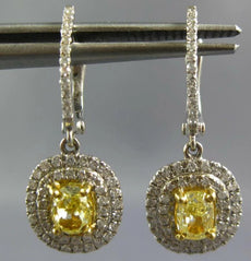1.38CT WHITE & FANCY YELLOW DIAMOND 18K WHITE GOLD CUSHION HALO HANGING EARRINGS
