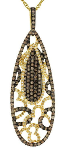 1.72CT WHITE & MOCHA DIAMOND 14K YELLOW GOLD 3D ELONGATED TEAR DROP LOVE PENDANT