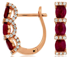 1.75CT DIAMOND & AAA RUBY 14K ROSE GOLD OVAL & ROUND LEVERBACK HANGING EARRINGS