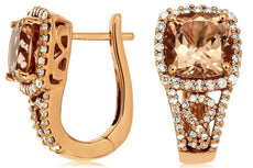 WIDE 3.05CT DIAMOND & AAA MORGANITE 14KT ROSE GOLD 3D HUGGIE HANGING EARRINGS