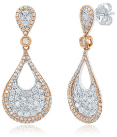 ESTATE 1.29CT DIAMOND 14KT WHITE GOLD CLUSTER CLASSIC TEAR DROP HANGING EARRINGS