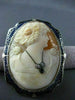 ANTIQUE LARGE DIAMOND FILIGREE BLUE ENAMEL LADY CAMEO 14KT WHITE PENDANT #22634