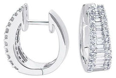 .93CT DIAMOND 14K WHITE GOLD ROUND & BAGUETTE CLASSIC GRADUATING HUGGIE EARRINGS