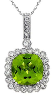 3.67CT DIAMOND & AAA PERIDOT 14KT WHITE GOLD 3D CUSHION & ROUND FLOATING PENDANT