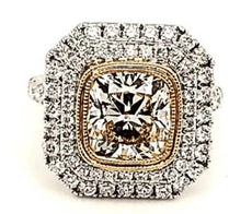 LARGE 4.17CT WHITE & FANCY YELLOW DIAMOND 18KT 2 TONE GOLD CUSHION & ROUND RING