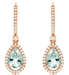 2.32CT DIAMOND & AAA AQUAMARINE 14KT ROSE GOLD 3D PEAR SHAPE HANGING EARRINGS