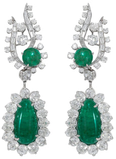 EXTRA LARGE 33.0CT DIAMOND & AAA EMERALD PLATINUM 3D FLORAL TEAR DROP EARRINGS