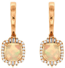 2.09CT DIAMOND & AAA OPAL 14KT ROSE GOLD 3D CUSHION HALO SQUARE HANGING EARRINGS