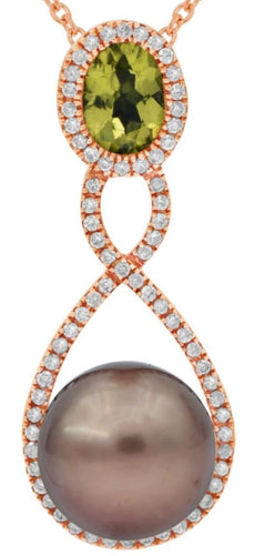 .97CT DIAMOND & AAA SOUTH SEA PEARL & PERIDOT 14KT ROSE GOLD 3D FLOATING PENDANT