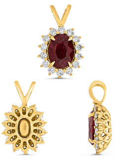 1.62CT DIAMOND & AAA RUBY 14KT YELLOW GOLD OVAL & ROUND FLOWER FLOATING PENDANT