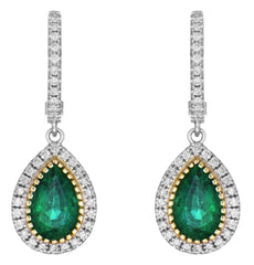 3.32CT DIAMOND & AAA EMERALD 18K 2 TONE GOLD 3D PEAR SHAPE & ROUND HALO EARRINGS