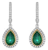 3.32CT DIAMOND & AAA EMERALD 18K 2 TONE GOLD 3D PEAR SHAPE & ROUND HALO EARRINGS