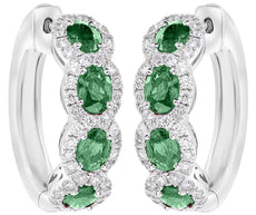 2.19CT DIAMOND & AAA EMERALD 18KT WHITE GOLD OVAL & ROUND HOOP HANGING EARRINGS