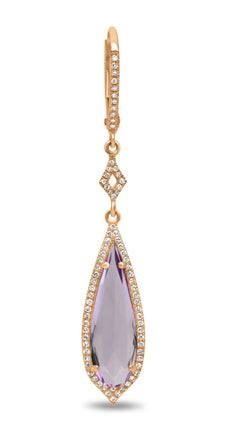 4.6CT DIAMOND & PINK AMETHYST 14K ROSE GOLD TEAR DROP LEVERBACK HANGING EARRINGS