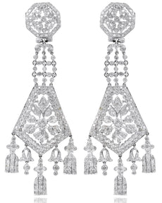 LARGE 7CT DIAMOND 14KT WHITE GOLD 3D OPEN FILIGREE PENTAGON CHANDELIER EARRINGS