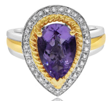 2.83CT DIAMOND & AAA AMETHYST 14KT YELLOW GOLD 3D PEAR SHAPE & ROUND LOVE RING