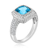 WIDE 3.44CT DIAMOND & AAA BLUE TOPAZ 18K WHITE GOLD 3D CUSHION & ROUND LOVE RING