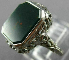 ANTIQUE WIDE GREEN AGATE 14K WHITE GOLD CLASSIC OPEN FILIGREE OCTAGON RING 26427