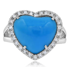 .22CT DIAMOND & AAA TURQUOISE 14KT WHITE GOLD 3D HEART SHAPE & ROUND HALO RING