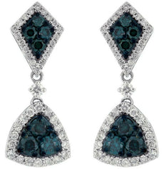 1.3CT WHITE & BLUE DIAMOND 14K WHITE GOLD CLUSTER TRILLION HALO HANGING EARRINGS
