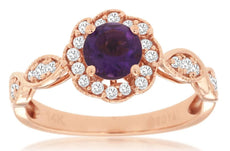 .82CT DIAMOND & AAA AMETHYST 14K ROSE GOLD ROUND FLOWER FILIGREE ENGAGEMENT RING