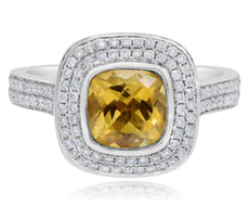 LARGE 2.08CT DIAMOND & AAA CITRINE 18KT WHITE GOLD 3D CUSHION & ROUND BEZEL RING