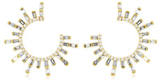 0.75CT DIAMOND 14KT YELLOW GOLD ROUND & BAGUETTE SUNBURST SIDEWAYS HOOP EARRINGS