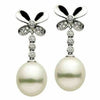 ESTATE .22CT DIAMOND & AAA SOUTH SEA PEARL 14K WHITE GOLD 3D BUTTERFLY EARRINGS